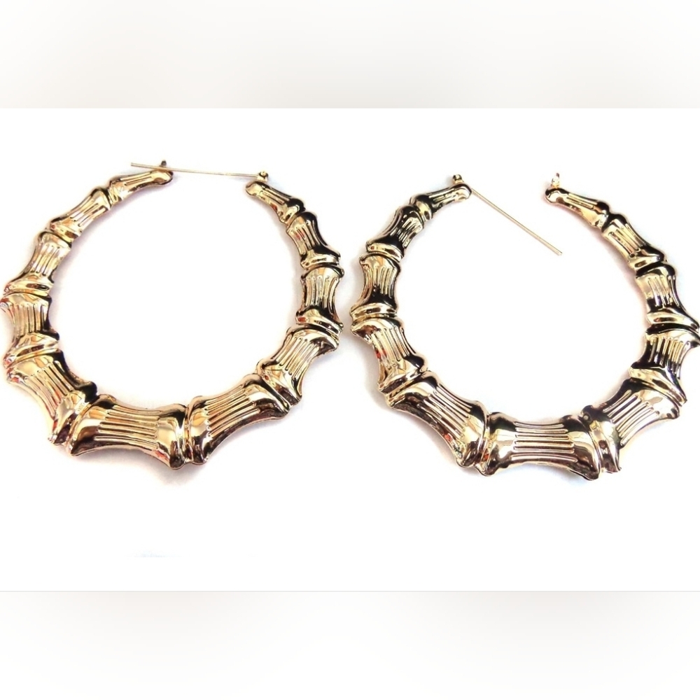Large Hoop 3" Fashion Earrings Gold Plated Metal Bamboo For‎ Women